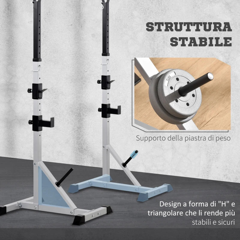 HOMCOM Set 2 Supporti Bilanciere in Acciaio con 3 Ganci, Altezza Regolabile e Portata 200kg, Argento e Nero