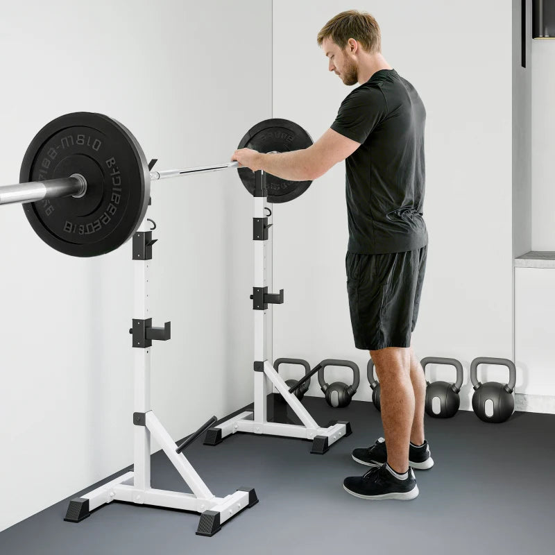 HOMCOM Set 2 Supporti Bilanciere in Acciaio con 3 Ganci, Altezza Regolabile e Portata 200kg, Argento e Nero
