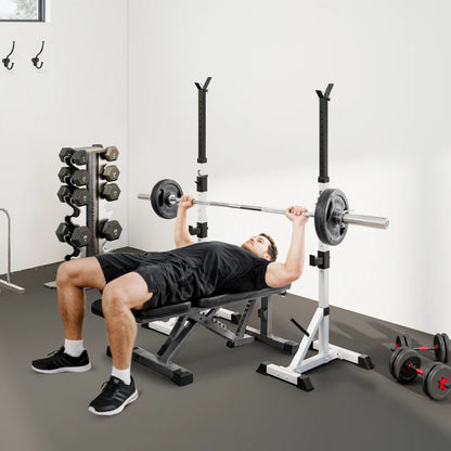 HOMCOM Set 2 Supporti Bilanciere in Acciaio con 3 Ganci, Altezza Regolabile e Portata 200kg, Argento e Nero