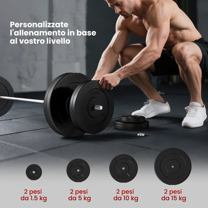 HOMCOM Set di Manubri Regolabile, Set Bilanciere e Dischi 70kg, 8 Dischi Pesi Rivestiti in Plastica e Barra in Metallo, 170x40.5x40.5cm, Nero