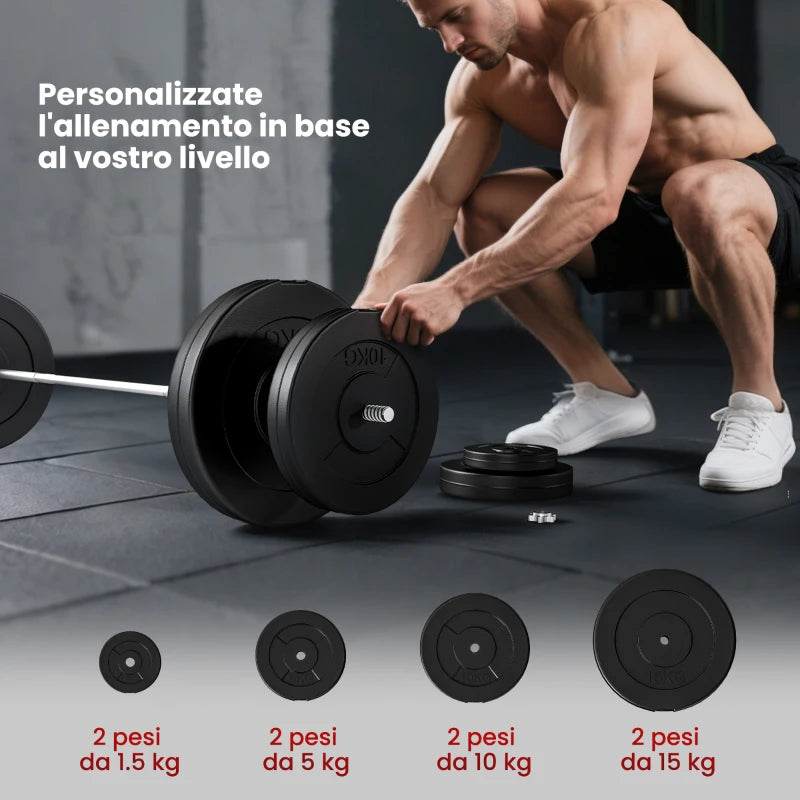 HOMCOM Set di Manubri Regolabile, Set Bilanciere e Dischi 70kg, 8 Dischi Pesi Rivestiti in Plastica e Barra in Metallo, 170x40.5x40.5cm, Nero