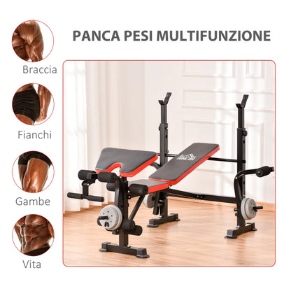 HOMCOM Panca Multifunzione Regolabile con Supporto per Bilanciere, in Acciaio e Plastica, 175x139x127 cm, Rosso e Nero