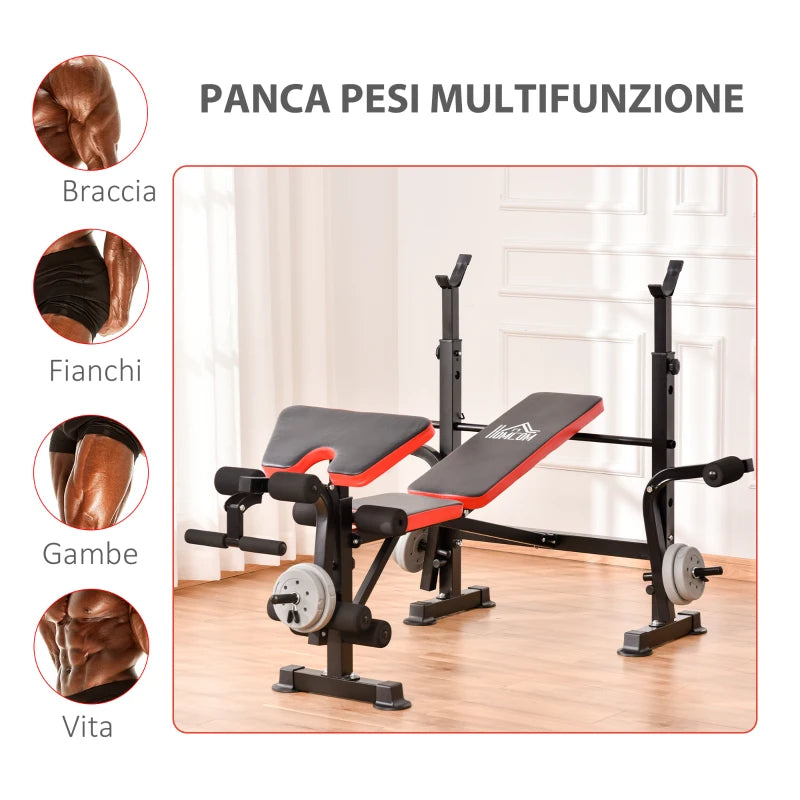 HOMCOM Panca Multifunzione Regolabile con Supporto per Bilanciere, in Acciaio e Plastica, 175x139x127 cm, Rosso e Nero