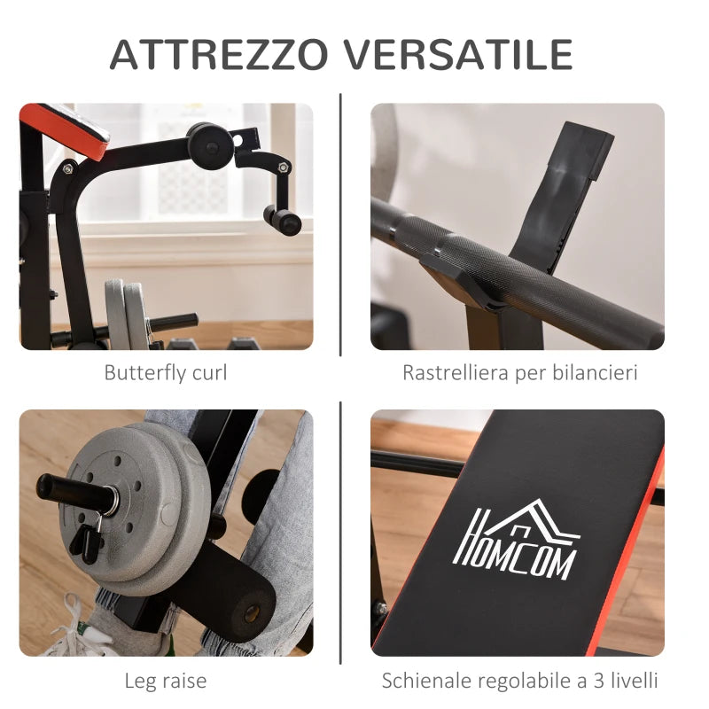 HOMCOM Panca Multifunzione Regolabile con Supporto per Bilanciere, in Acciaio e Plastica, 175x139x127 cm, Rosso e Nero