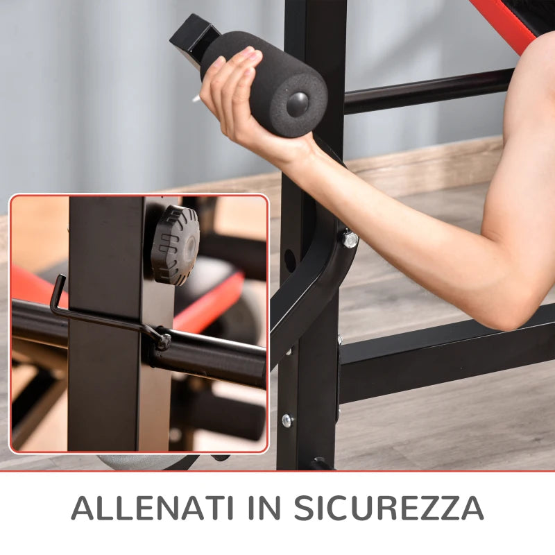 HOMCOM Panca Multifunzione Regolabile con Supporto per Bilanciere, in Acciaio e Plastica, 175x139x127 cm, Rosso e Nero
