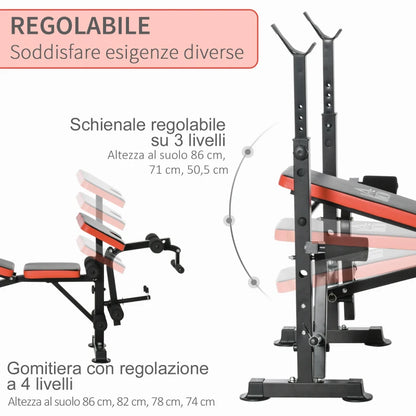 HOMCOM Panca Multifunzione Regolabile con Supporto per Bilanciere, in Acciaio e Plastica, 175x139x127 cm, Rosso e Nero