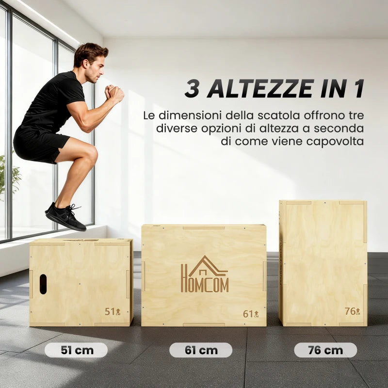 HOMCOM Plyo Box in Legno a 3 Altezze, Jumping Box Pliometrico Capacità 120kg, 61x51x76cm