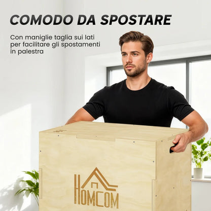 HOMCOM Plyo Box in Legno a 3 Altezze, Jumping Box Pliometrico Capacità 120kg, 61x51x76cm