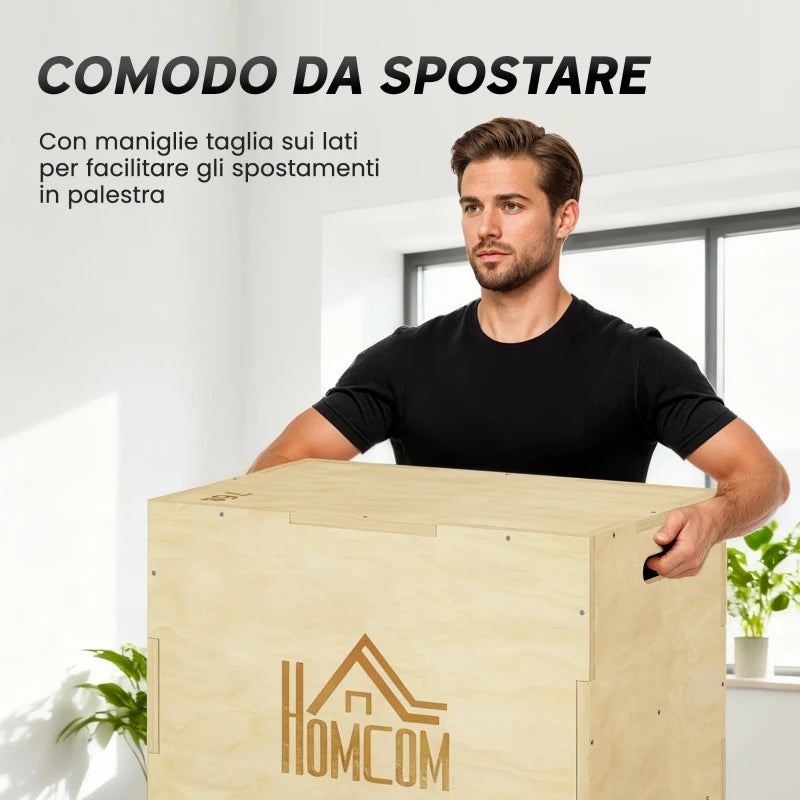 HOMCOM Plyo Box in Legno a 3 Altezze, Jumping Box Pliometrico Capacità 120kg, 61x51x76cm