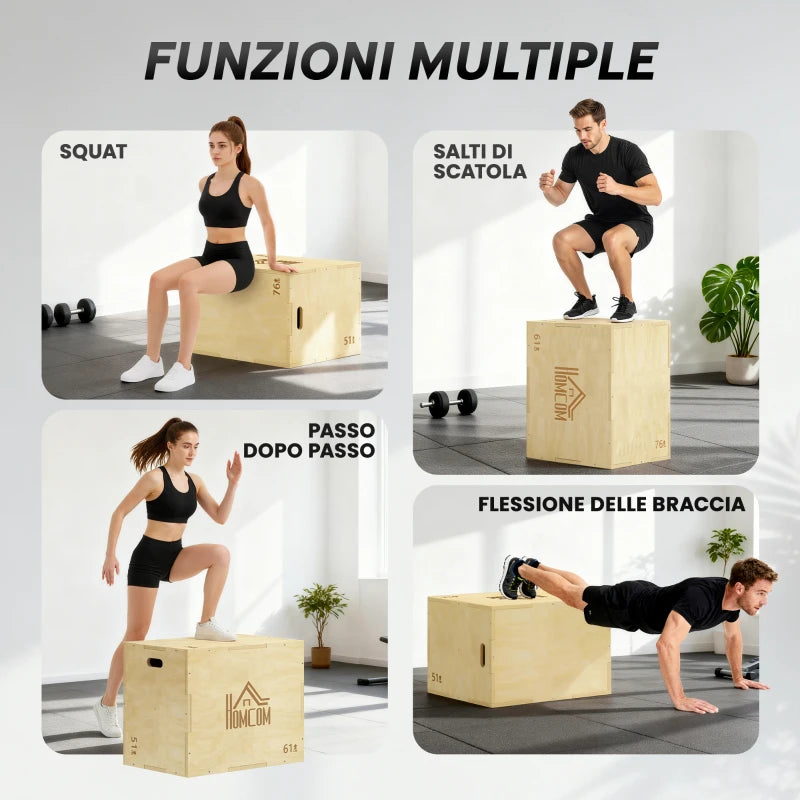 HOMCOM Plyo Box in Legno a 3 Altezze, Jumping Box Pliometrico Capacità 120kg, 61x51x76cm