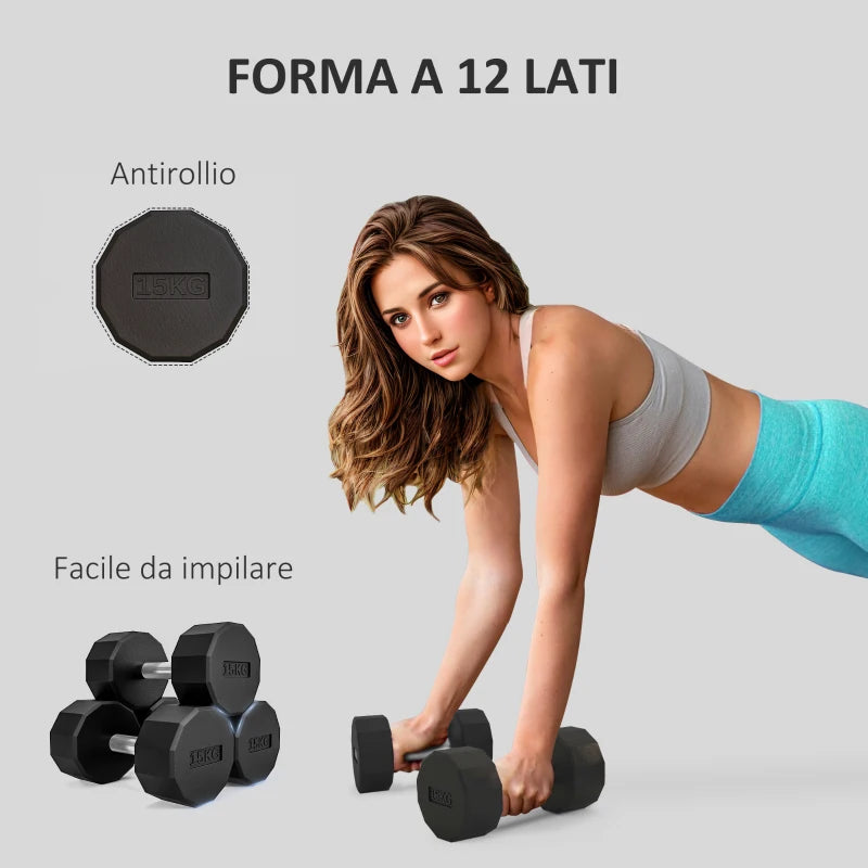 SPORTNOW Set 2 Manubri a 12 Lati da 15 kg in Metallo e Gomma con Impugnatura Antiscivolo, 26x15.5x15.5 cm, Nero