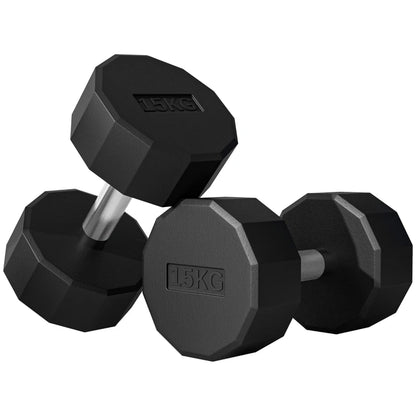 SPORTNOW Set 2 Manubri a 12 Lati da 15 kg in Metallo e Gomma con Impugnatura Antiscivolo, 26x15.5x15.5 cm, Nero