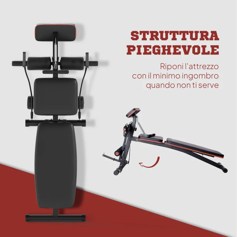 HOMCOM Panca Multifunzione Regolabile per Addominali, Panca Pesi Palestra per Allenamento Braccia e Gambe 54x160x106cm, Nero e Rosso