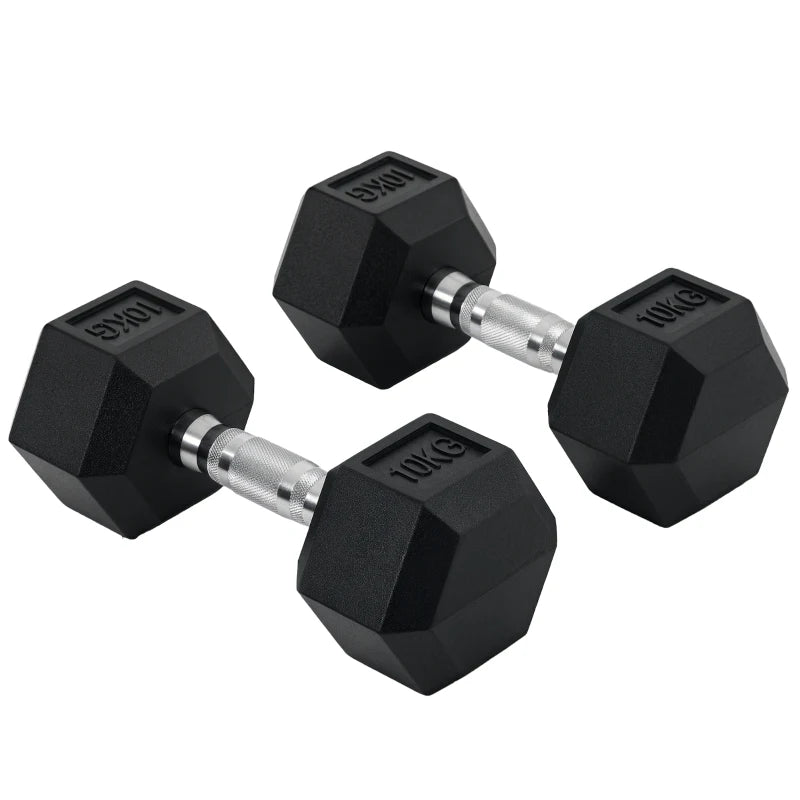 HOMCOM Set 2 Manubri Esagonali da 10kg in Metallo e Gomma per Workout in Palestra, Casa e Ufficio, Nero