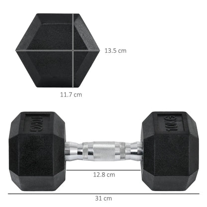 HOMCOM Set 2 Manubri Esagonali da 10kg in Metallo e Gomma per Workout in Palestra, Casa e Ufficio, Nero