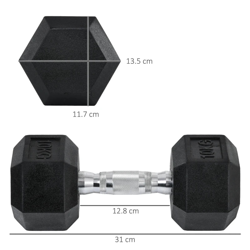 HOMCOM Set 2 Manubri Esagonali da 10kg in Metallo e Gomma per Workout in Palestra, Casa e Ufficio, Nero