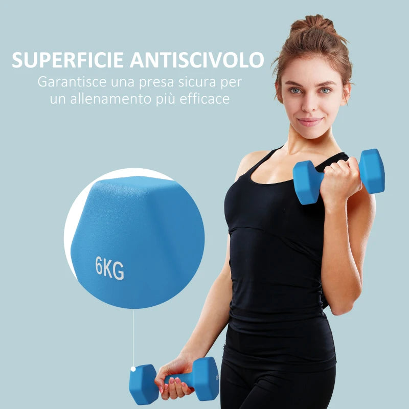 SPORTNOW Set 2 Manubri Esagonali da 2x6kg in Metallo e Plastica con Impugnatura Antiscivolo, 22x10x10 cm, Azzurro