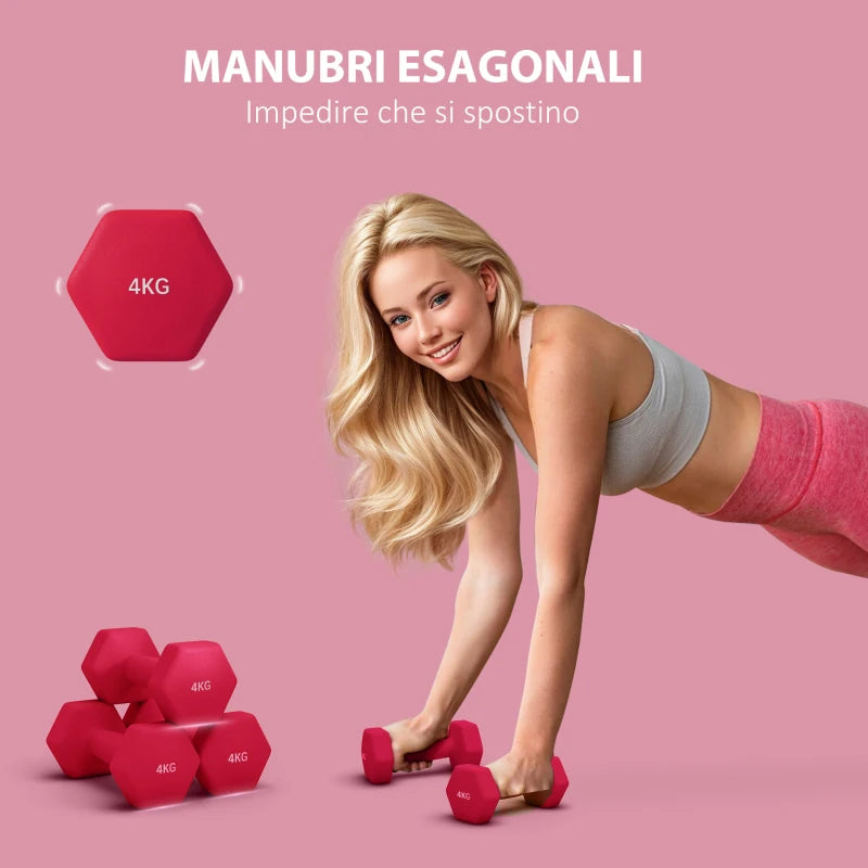 SPORTNOW Set 2 Manubri Esagonali da 2x4 kg in Metallo e Plastica con Impugnatura Antiscivolo, 19x9x9 cm, Rosso