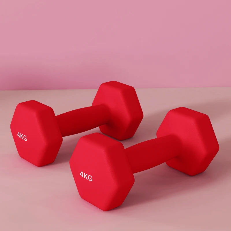 SPORTNOW Set 2 Manubri Esagonali da 2x4 kg in Metallo e Plastica con Impugnatura Antiscivolo, 19x9x9 cm, Rosso