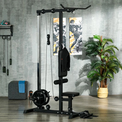 SPORTNOW Stazione Fitness Multifunzione con Lat Machine, Sedile Regolabile e Supporto per Dischi, Nero