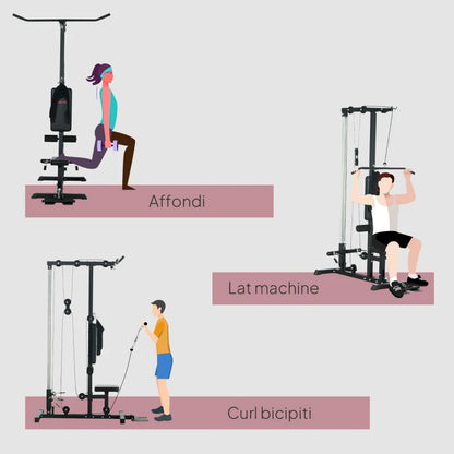 SPORTNOW Stazione Fitness Multifunzione con Lat Machine, Sedile Regolabile e Supporto per Dischi, Nero