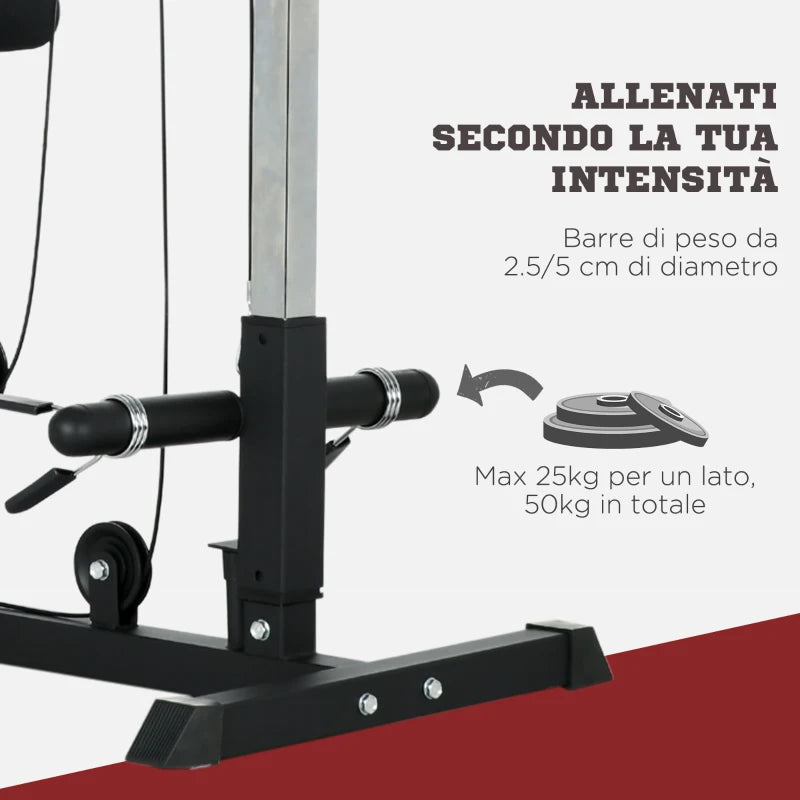 SPORTNOW Stazione Fitness Multifunzione con Lat Machine, Sedile Regolabile e Supporto per Dischi, Nero