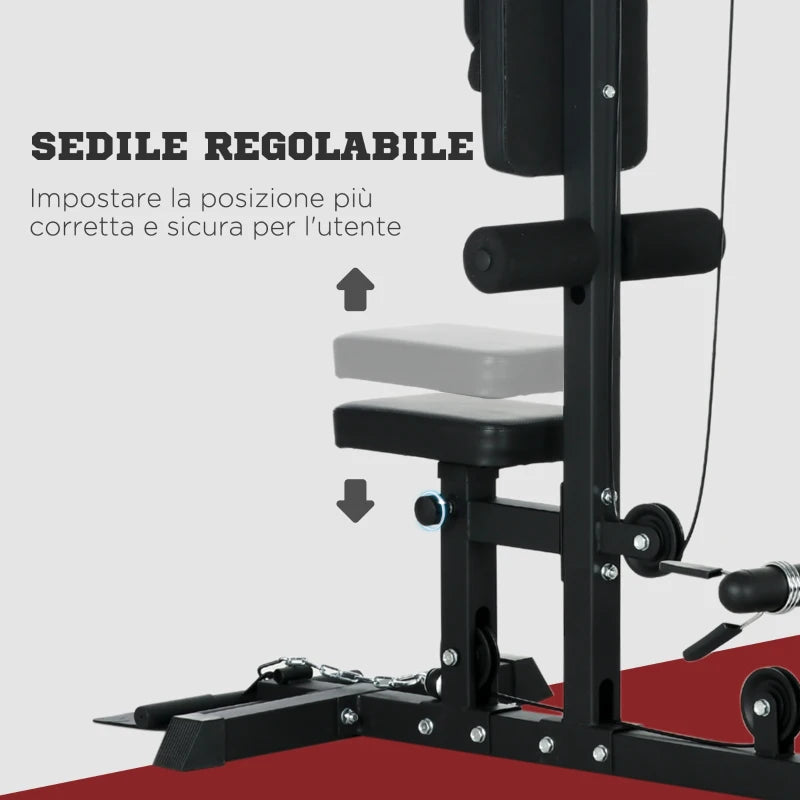 SPORTNOW Stazione Fitness Multifunzione con Lat Machine, Sedile Regolabile e Supporto per Dischi, Nero