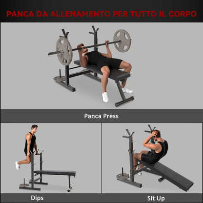 HOMCOM Panca Pesi Pieghevole con 8 Altezze Regolabili e Supporto Bilanciere in Acciaio e PU, 140x73x98-122 cm, Grigio