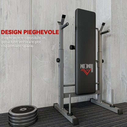 HOMCOM Panca Pesi Pieghevole con 8 Altezze Regolabili e Supporto Bilanciere in Acciaio e PU, 140x73x98-122 cm, Grigio