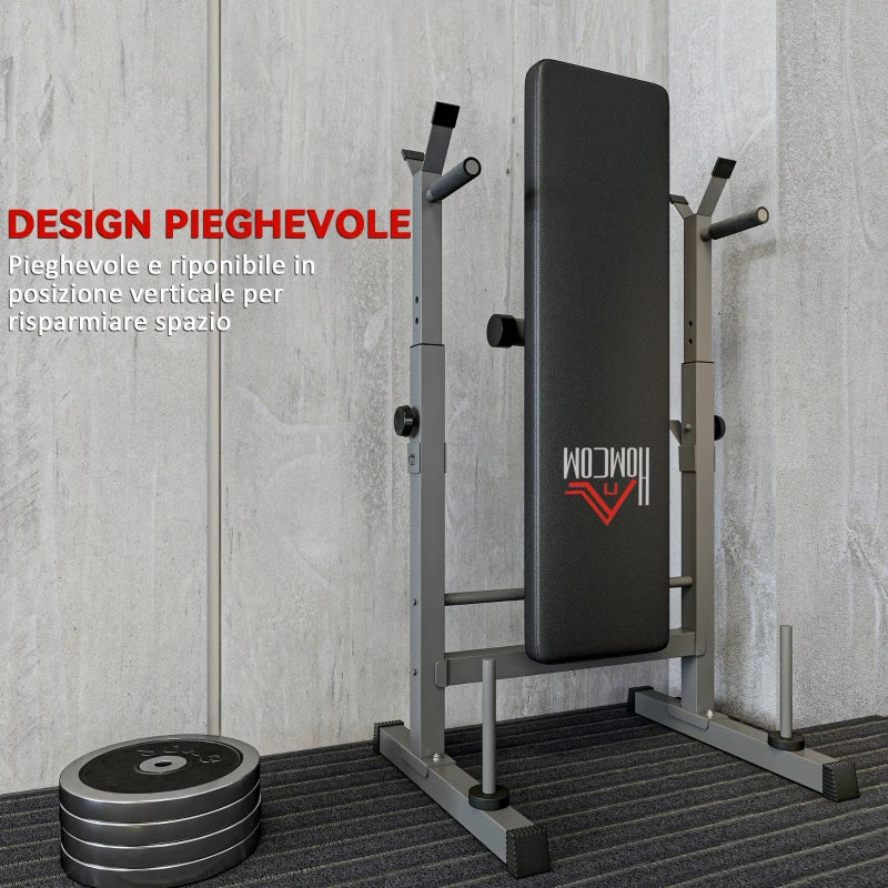HOMCOM Panca Pesi Pieghevole con 8 Altezze Regolabili e Supporto Bilanciere in Acciaio e PU, 140x73x98-122 cm, Grigio