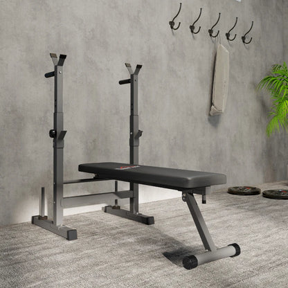 HOMCOM Panca Pesi Pieghevole con 8 Altezze Regolabili e Supporto Bilanciere in Acciaio e PU, 140x73x98-122 cm, Grigio