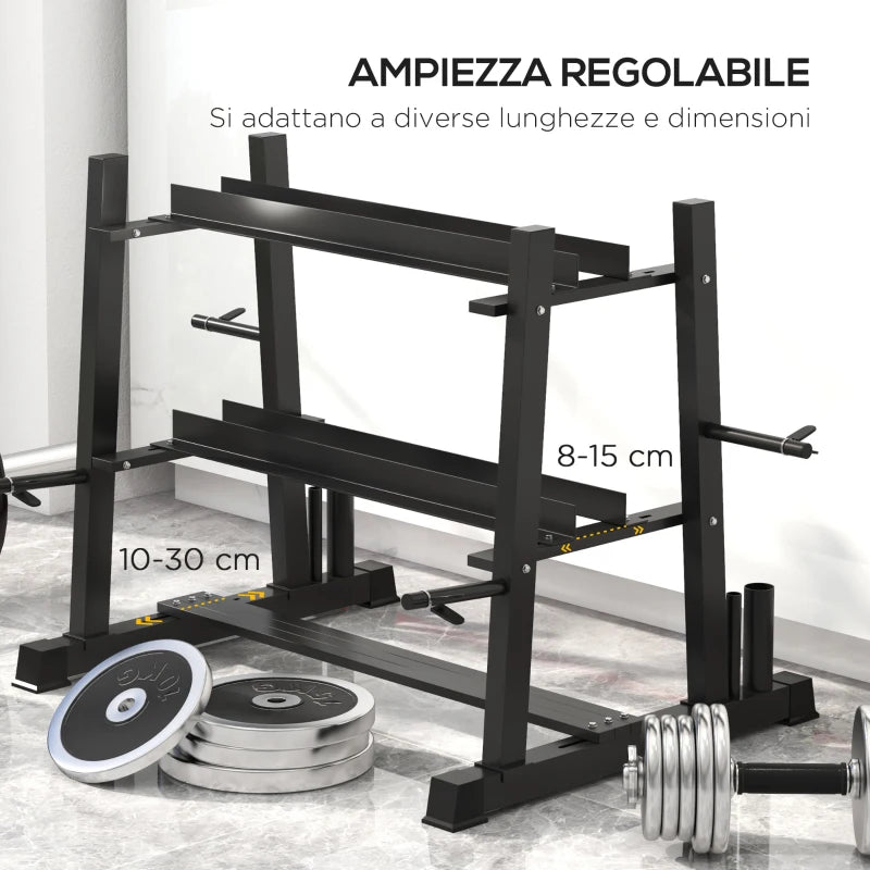 SPORTNOW Rastrelliera per Manubri in Acciaio con 4 Aste Regolabili per Pesi e Kettlebell, 131x75x80 cm, Nero