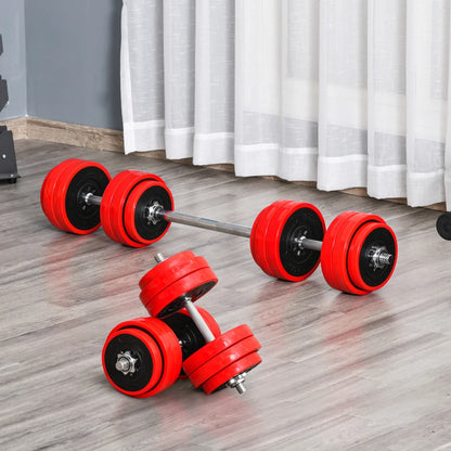 HOMCOM Set 2 in 1 Bilanciere e Manubri Pesi da 30kg, Dischi con Rivestimento in Plastica Antigraffio, Rosso e Nero