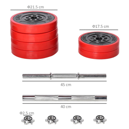 HOMCOM Set 2 in 1 Bilanciere e Manubri Pesi da 30kg, Dischi con Rivestimento in Plastica Antigraffio, Rosso e Nero