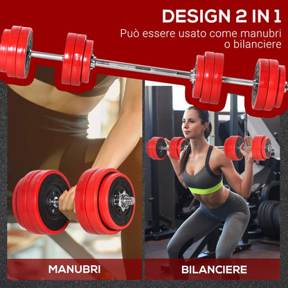 HOMCOM Set 2 in 1 Bilanciere e Manubri Pesi da 30kg, Dischi con Rivestimento in Plastica Antigraffio, Rosso e Nero