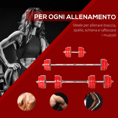 HOMCOM Set 2 in 1 Bilanciere e Manubri Pesi da 30kg, Dischi con Rivestimento in Plastica Antigraffio, Rosso e Nero