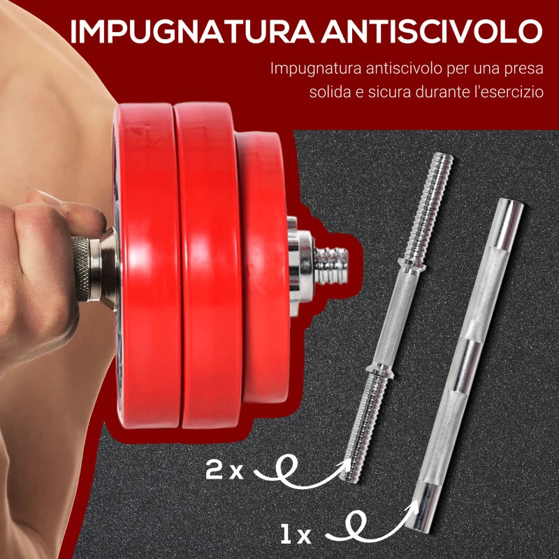 HOMCOM Set 2 in 1 Bilanciere e Manubri Pesi da 30kg, Dischi con Rivestimento in Plastica Antigraffio, Rosso e Nero