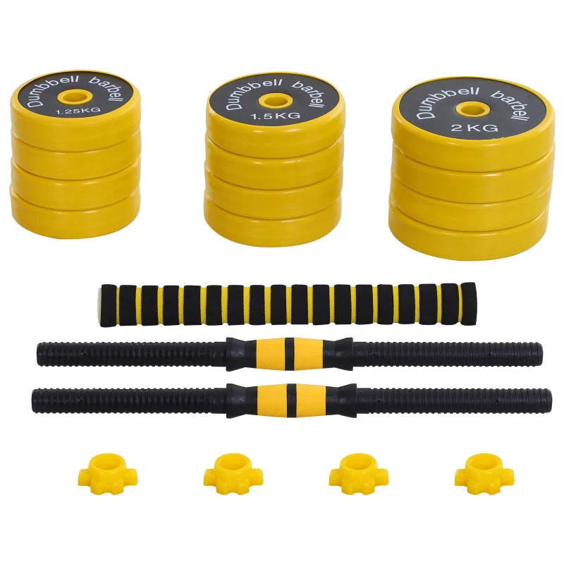 Set Manubri Regolabili 2 in 1 con Barra Bilanciere, Pesi Manubri Pesi con 12 Dischi per Allenamento Casa/Palestra, Nero e Giallo