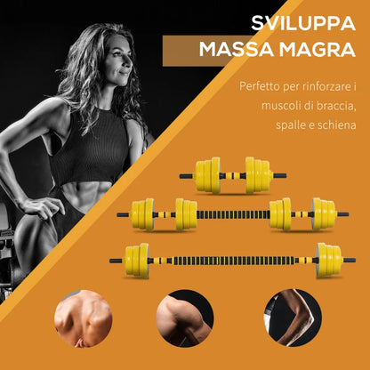Set Manubri Regolabili 2 in 1 con Barra Bilanciere, Pesi Manubri Pesi con 12 Dischi per Allenamento Casa/Palestra, Nero e Giallo