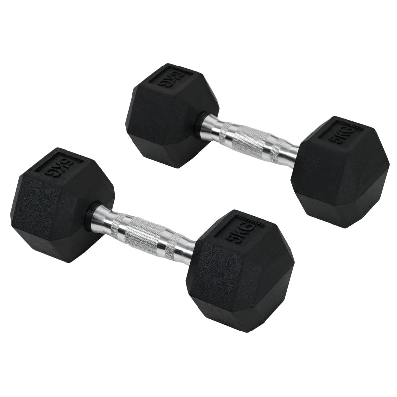HOMCOM Set di 2 Manubri da Palestra Esagonali da 5kg in Gomma con Impugnatura Antiscivolo, Nero