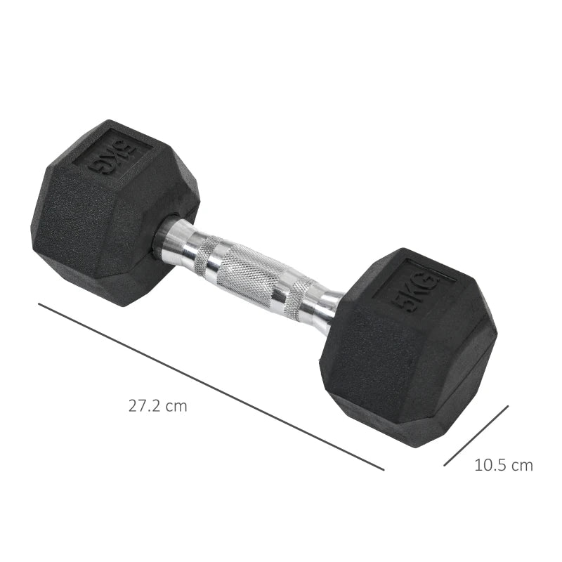 HOMCOM Set di 2 Manubri da Palestra Esagonali da 5kg in Gomma con Impugnatura Antiscivolo, Nero
