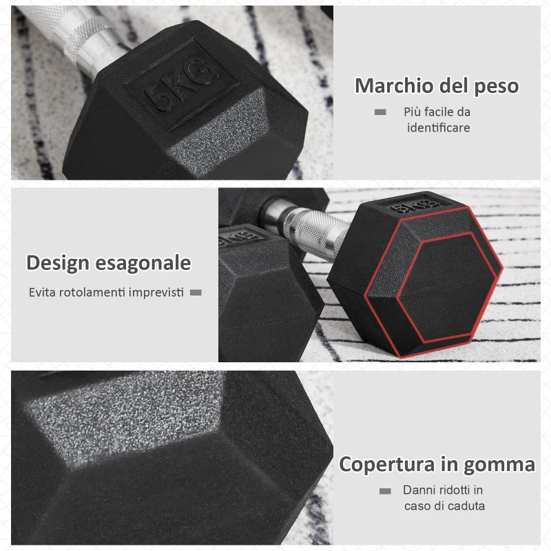 HOMCOM Set di 2 Manubri da Palestra Esagonali da 5kg in Gomma con Impugnatura Antiscivolo, Nero