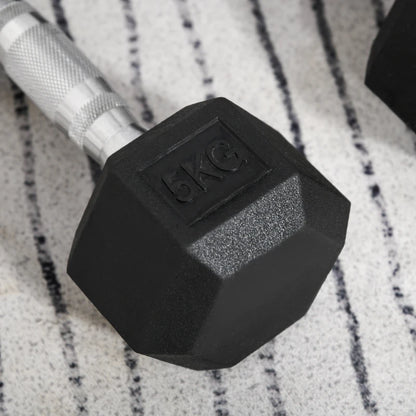 HOMCOM Set di 2 Manubri da Palestra Esagonali da 5kg in Gomma con Impugnatura Antiscivolo, Nero