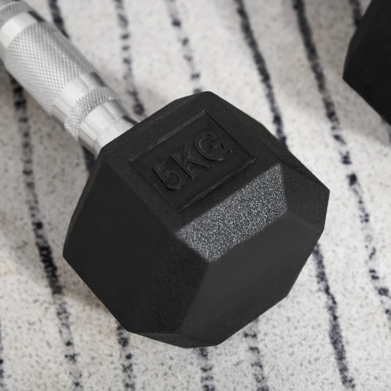HOMCOM Set di 2 Manubri da Palestra Esagonali da 5kg in Gomma con Impugnatura Antiscivolo, Nero