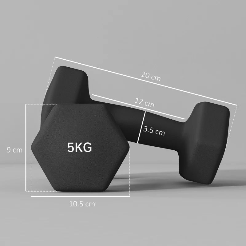 SPORTNOW Set 2 Manubri Esagonali da 2x5 kg in Metallo e Plastica con Impugnatura Antiscivolo, 20x9x9 cm, Nero