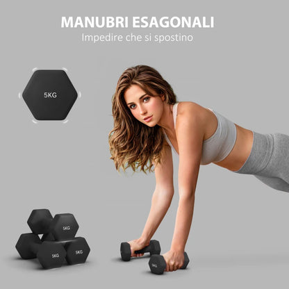 SPORTNOW Set 2 Manubri Esagonali da 2x5 kg in Metallo e Plastica con Impugnatura Antiscivolo, 20x9x9 cm, Nero