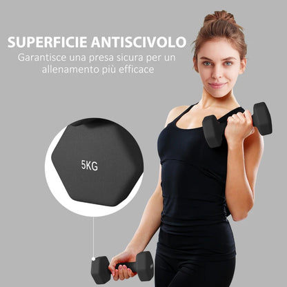 SPORTNOW Set 2 Manubri Esagonali da 2x5 kg in Metallo e Plastica con Impugnatura Antiscivolo, 20x9x9 cm, Nero