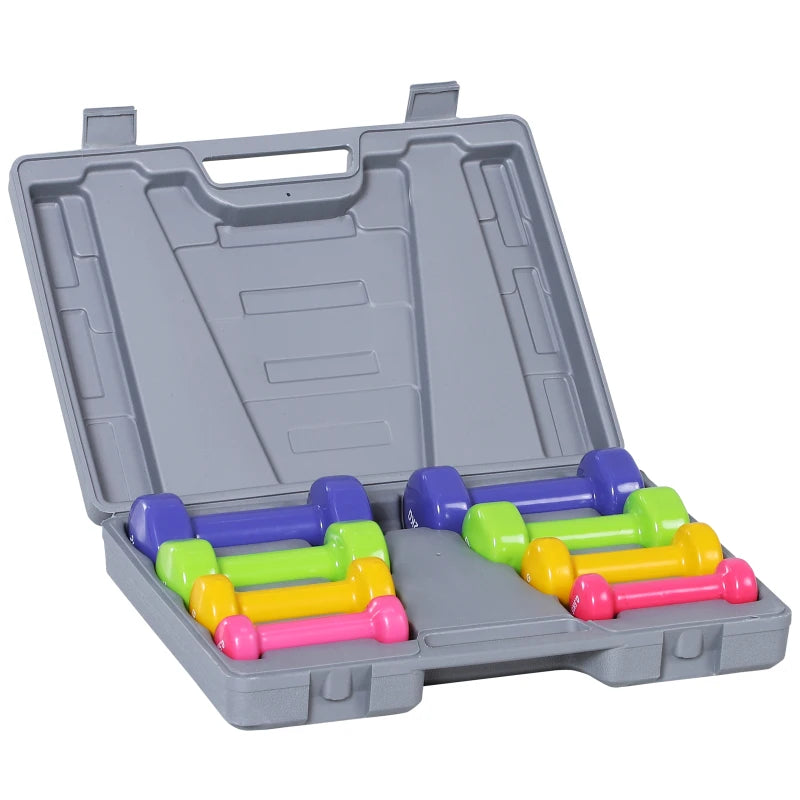 HOMCOM Manubri Pesi, Set Manubri Palestra da 10kg con Valigetta 4 Paia di Manubri Colorati (2x0.5kg, 2x1kg, 2x1.5kg, 2x2kg)