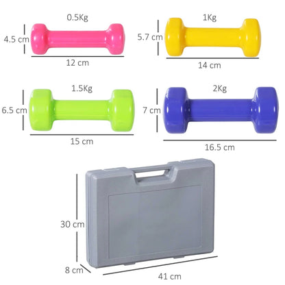 HOMCOM Manubri Pesi, Set Manubri Palestra da 10kg con Valigetta 4 Paia di Manubri Colorati (2x0.5kg, 2x1kg, 2x1.5kg, 2x2kg)
