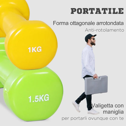 HOMCOM Manubri Pesi, Set Manubri Palestra da 10kg con Valigetta 4 Paia di Manubri Colorati (2x0.5kg, 2x1kg, 2x1.5kg, 2x2kg)